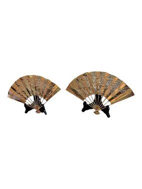 Set Of 2 Brass Dragon Fan Plaques With Stands Asian Style Decor 11" X 7"